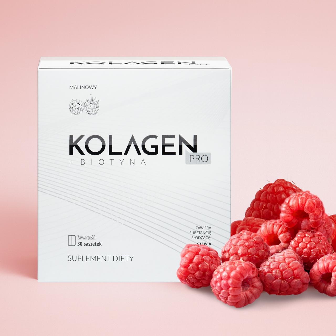 Kolagen Pro naturalny, rybi. Stawy, włosy i paznokcie (30 saszetek, malinowy)